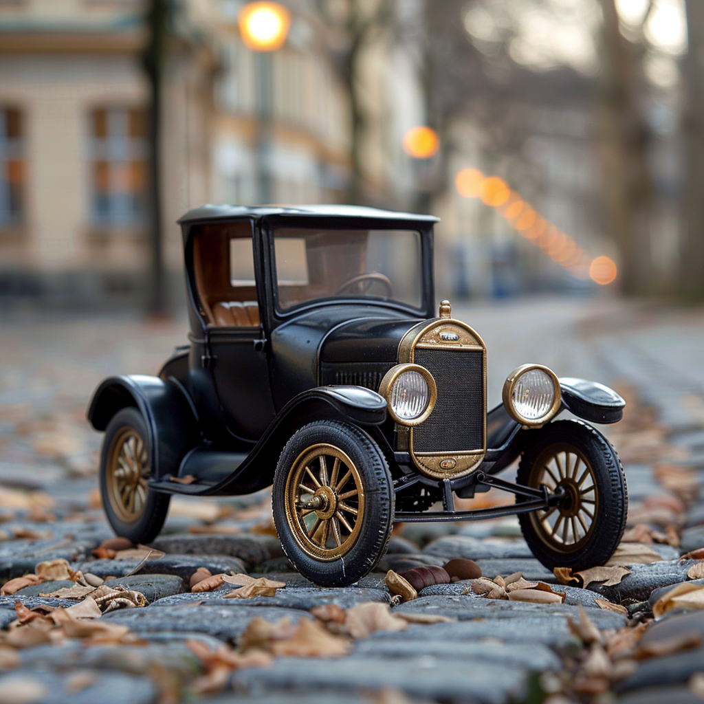 Vintage black toy car with determined expression on cobblestone.