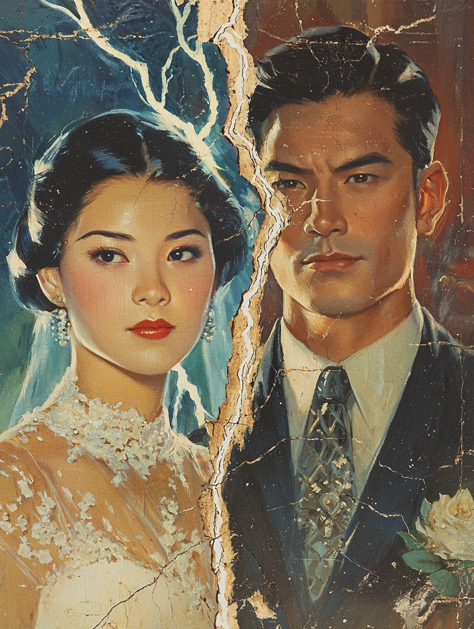 Vintage book cover split page Asian bride and groom.