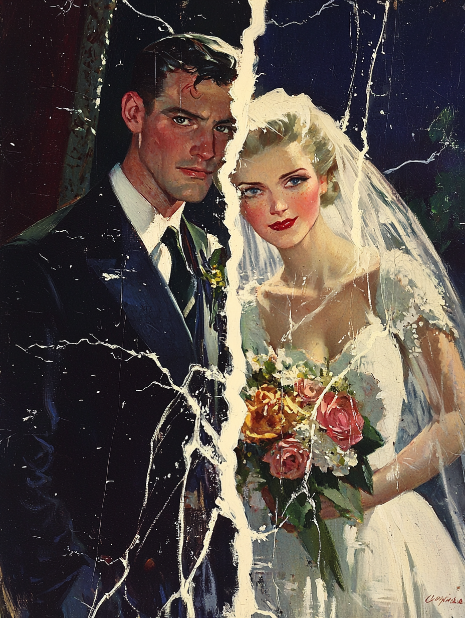 Vintage book cover with split bride and groom.