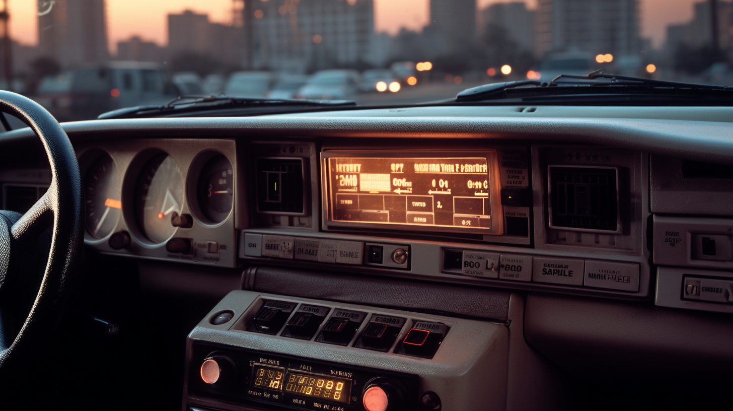 Vintage car stereo in 1990s with digital radio display.