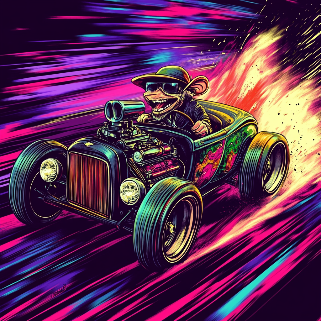 Vintage comic Rat Fink in neon hot rod