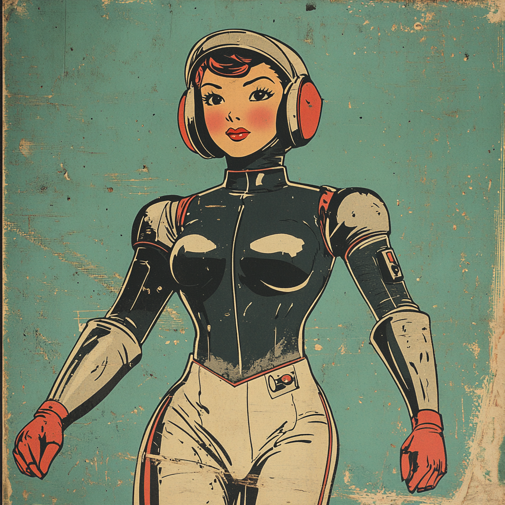 Vintage comic book female mecha pilot in helmet outfit