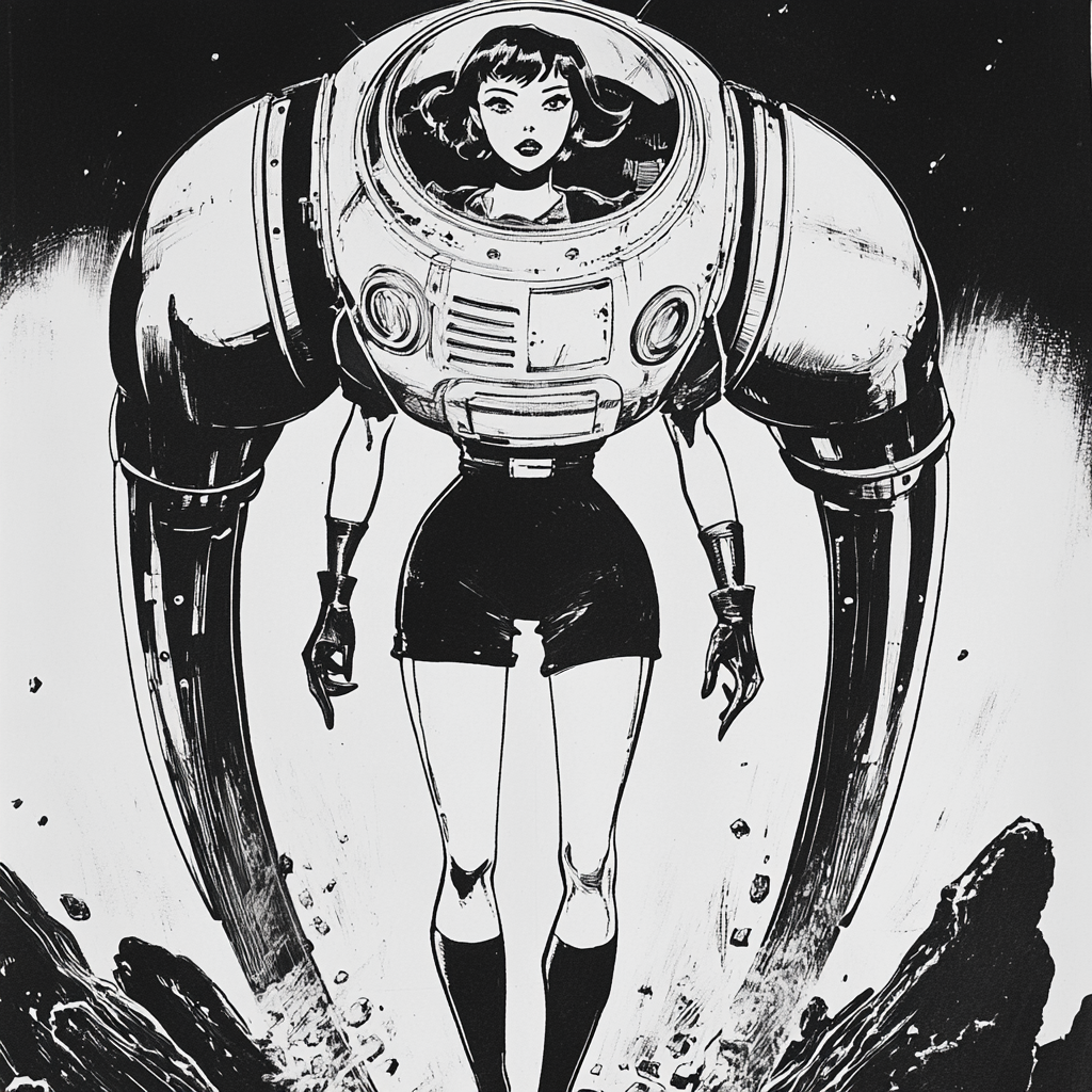 Vintage comic female hero mecha pilot full person