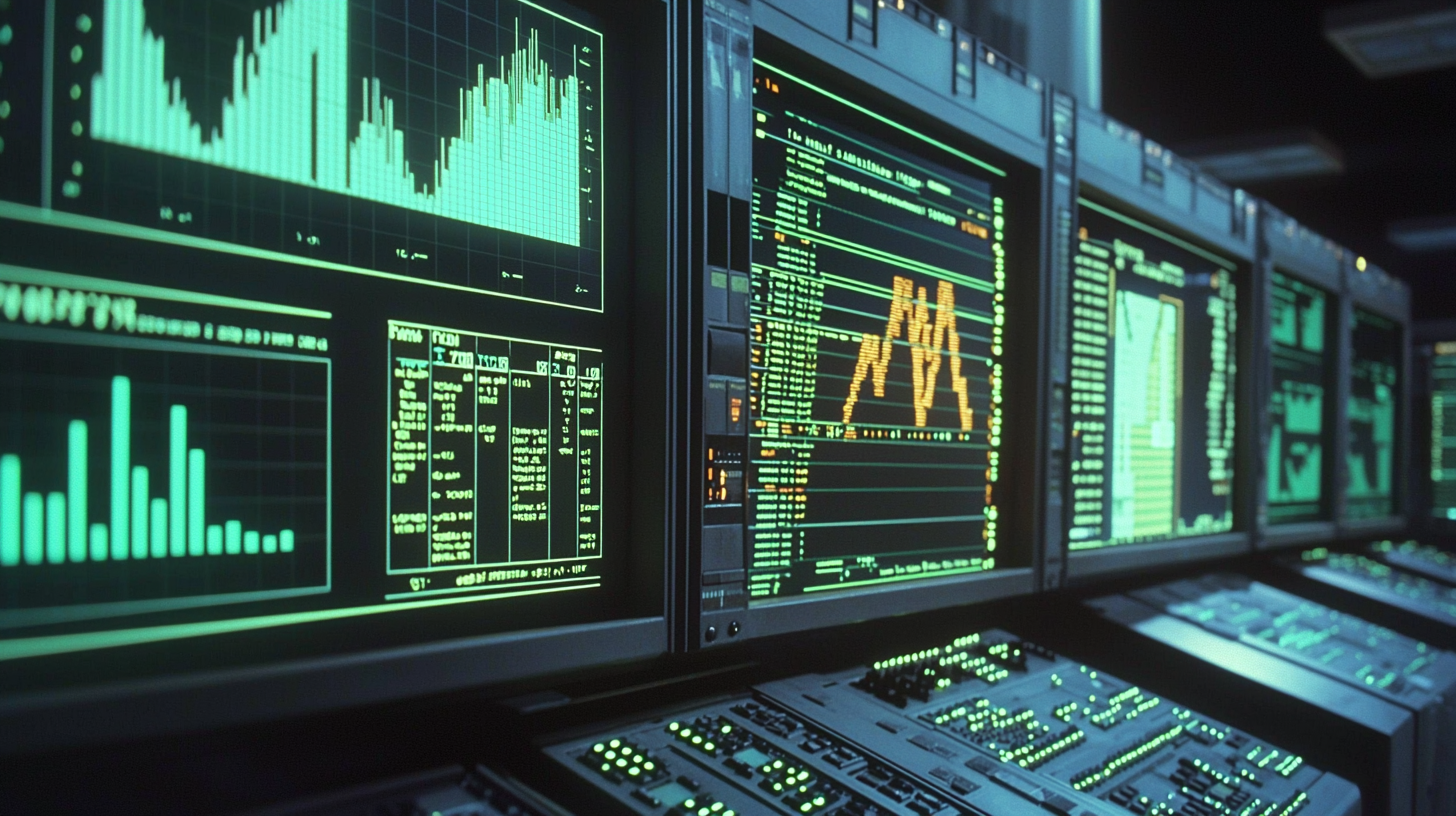 Vintage computer screen with financial data and AI icons