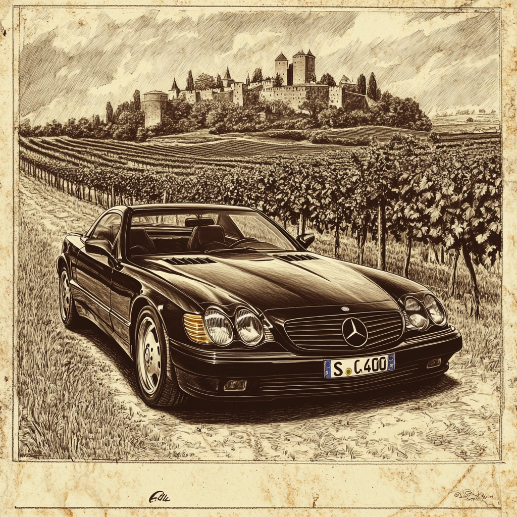 Vintage detailed drawing: Black 1995 SL600 Mercedes-Benz