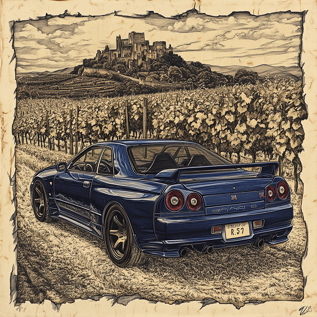 Vintage drawing of blue Nissan Skyline in vineyard