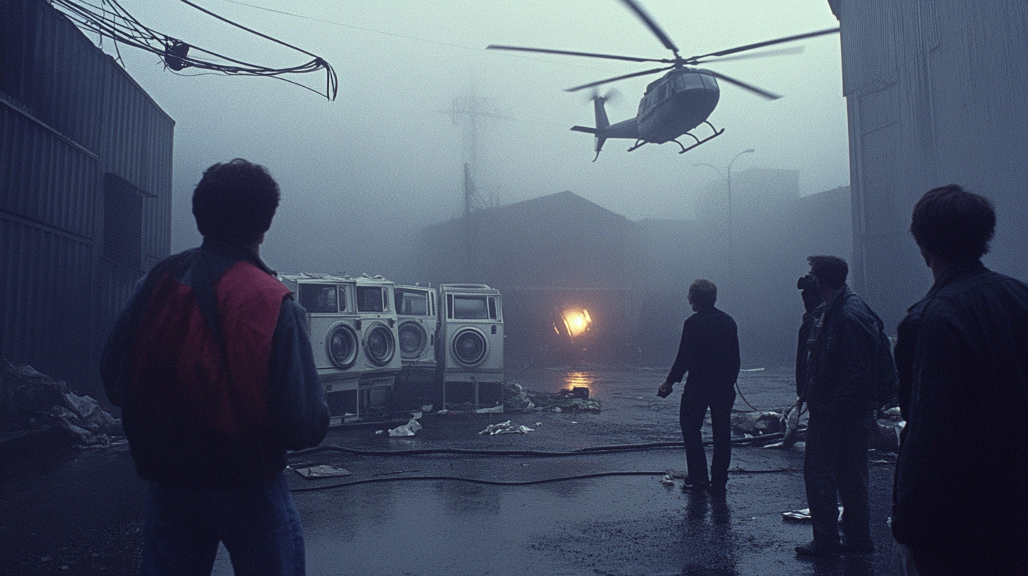 Vintage film crew on foggy loading dock