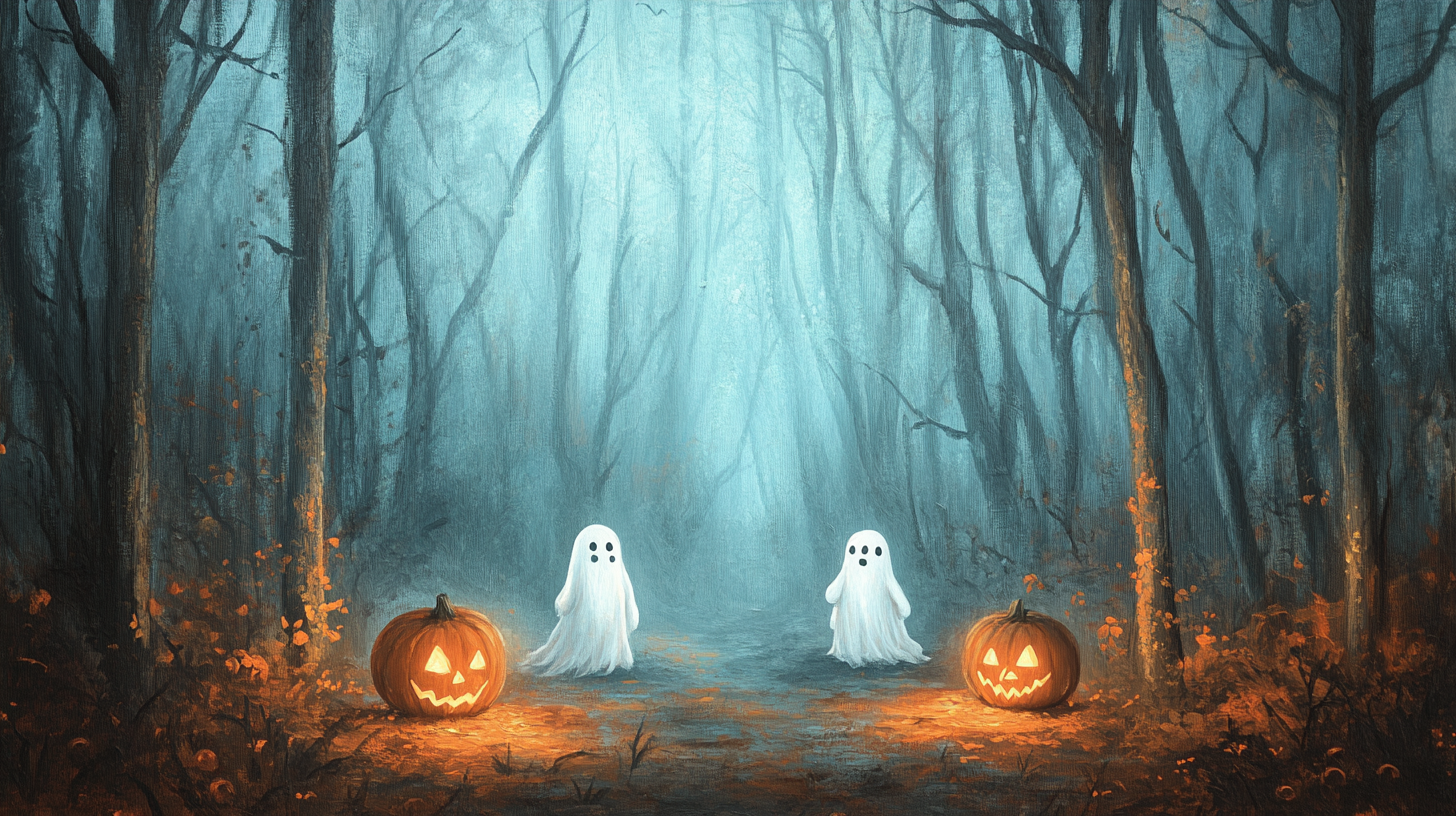 Vintage haunted forest oil painting with mist, fireflies, ghosts