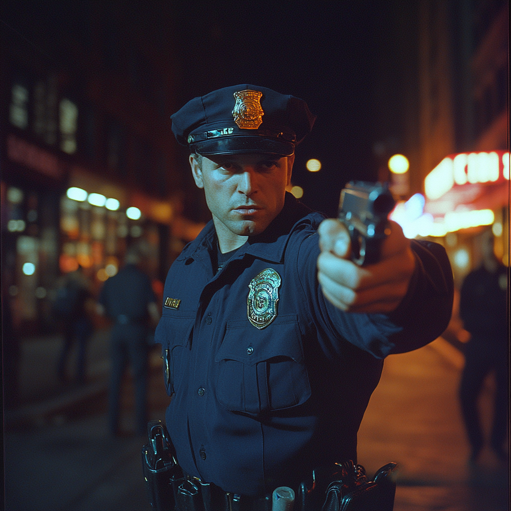 Vintage image of NYPD officer arresting criminal in NYC.