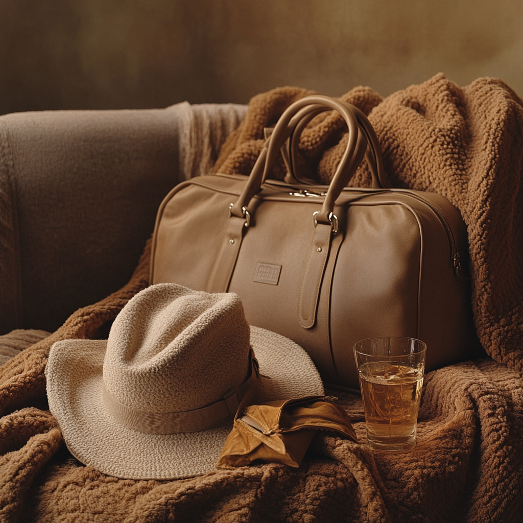 Vintage image with brown blanket, cowgirl hat, duffel bag, champagne.