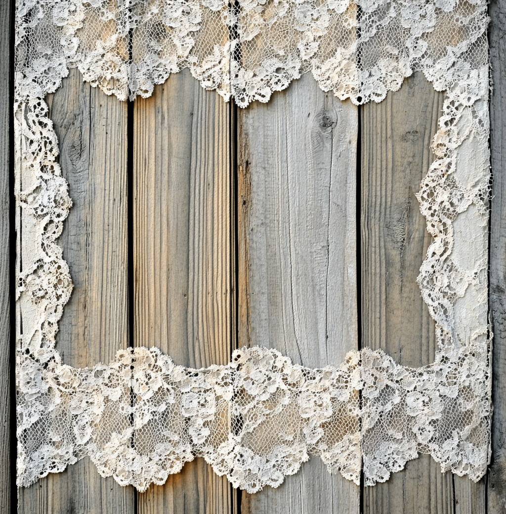 Vintage lace panels on rustic wood background