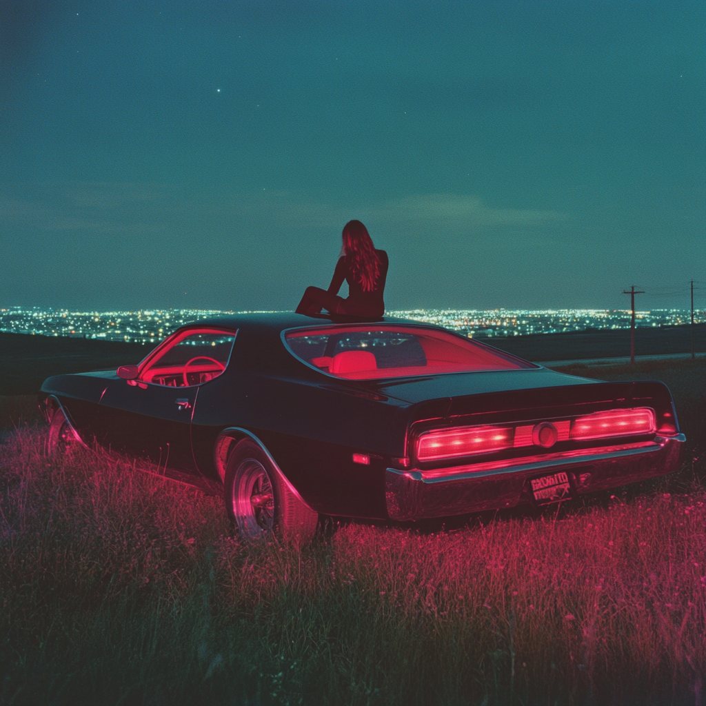 Vintage muscle car at night with dreamy cityscape