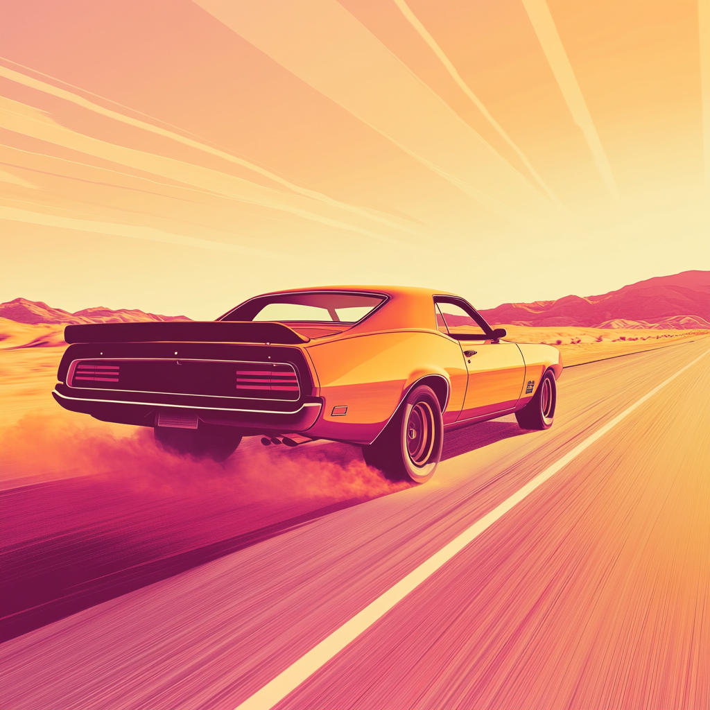 Vintage muscle car speeding on desert highway, retro style.