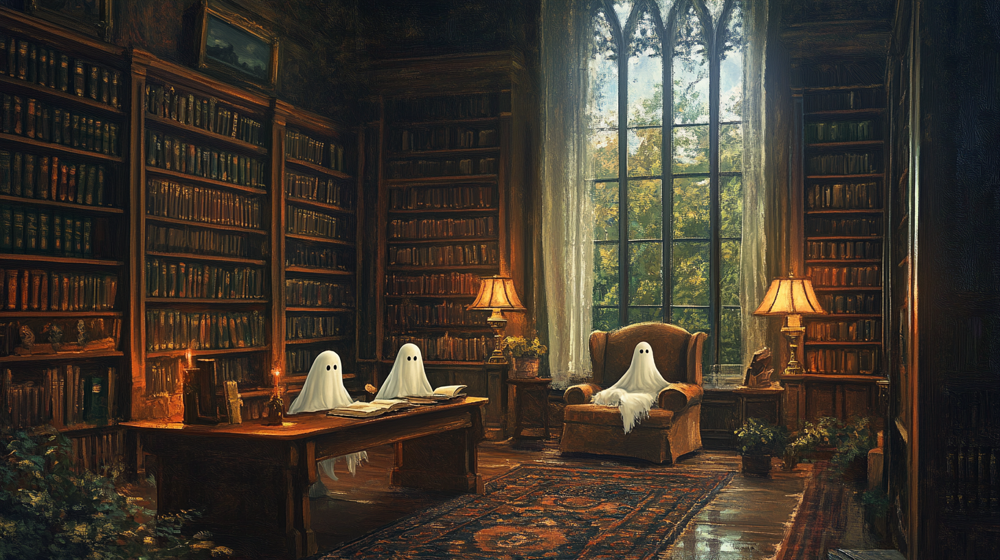 Vintage oil painting of old library with ghosts 