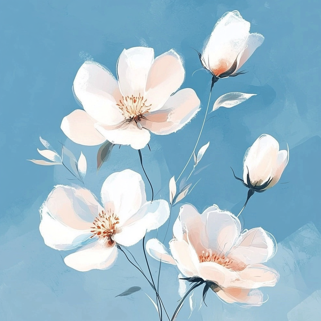 Vintage painting of white and pink flowers on blue