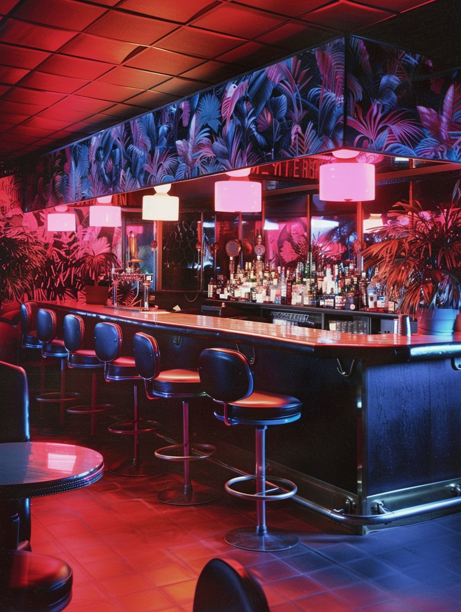 Vintage photo of retro futuristic bar with tropical wallpaper.