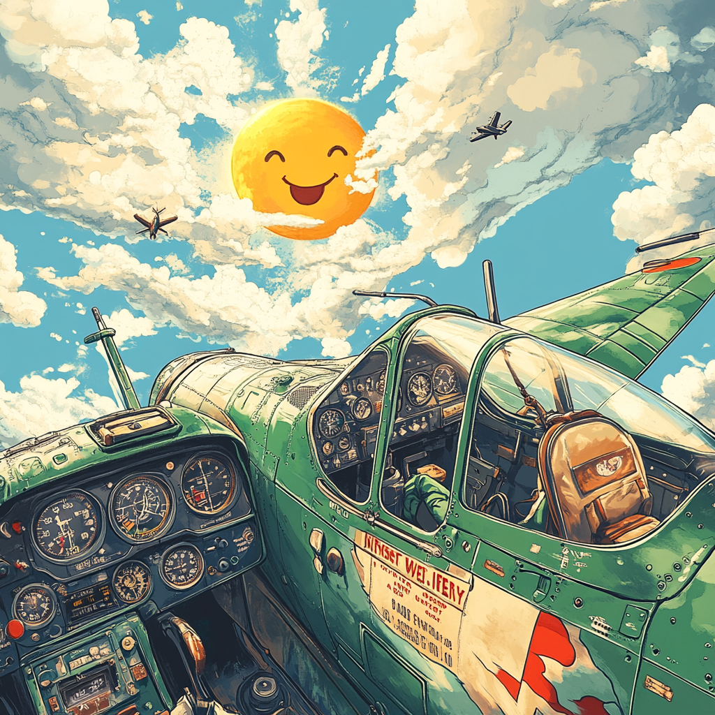 Vintage plane in sky with whimsical sun.