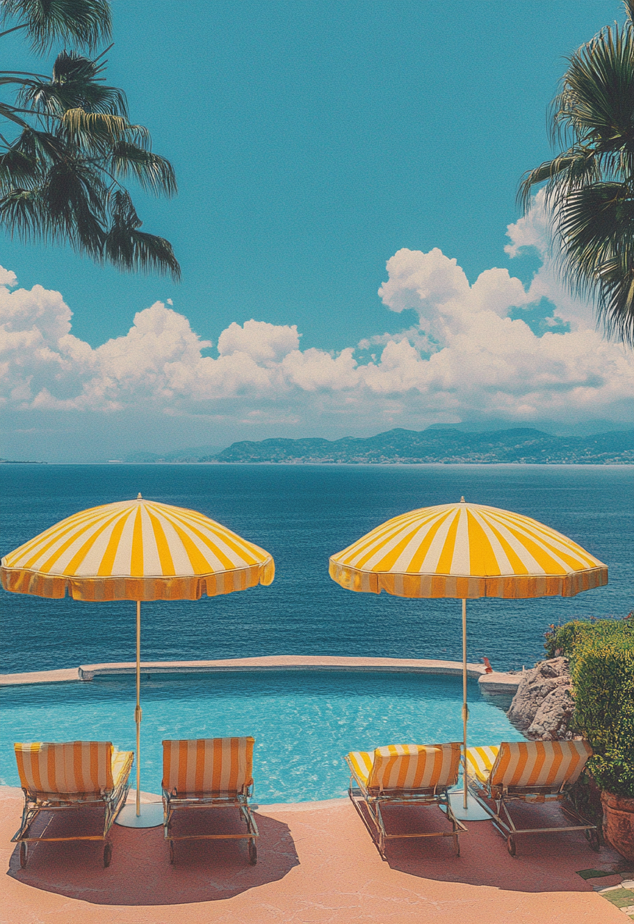 Vintage poolside scene with yellow umbrellas and ocean view.