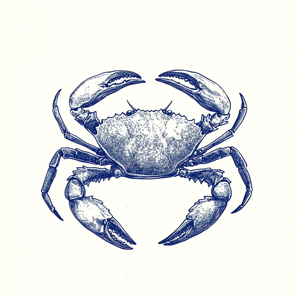 Vintage postcard style illustration of crab in blue ink.