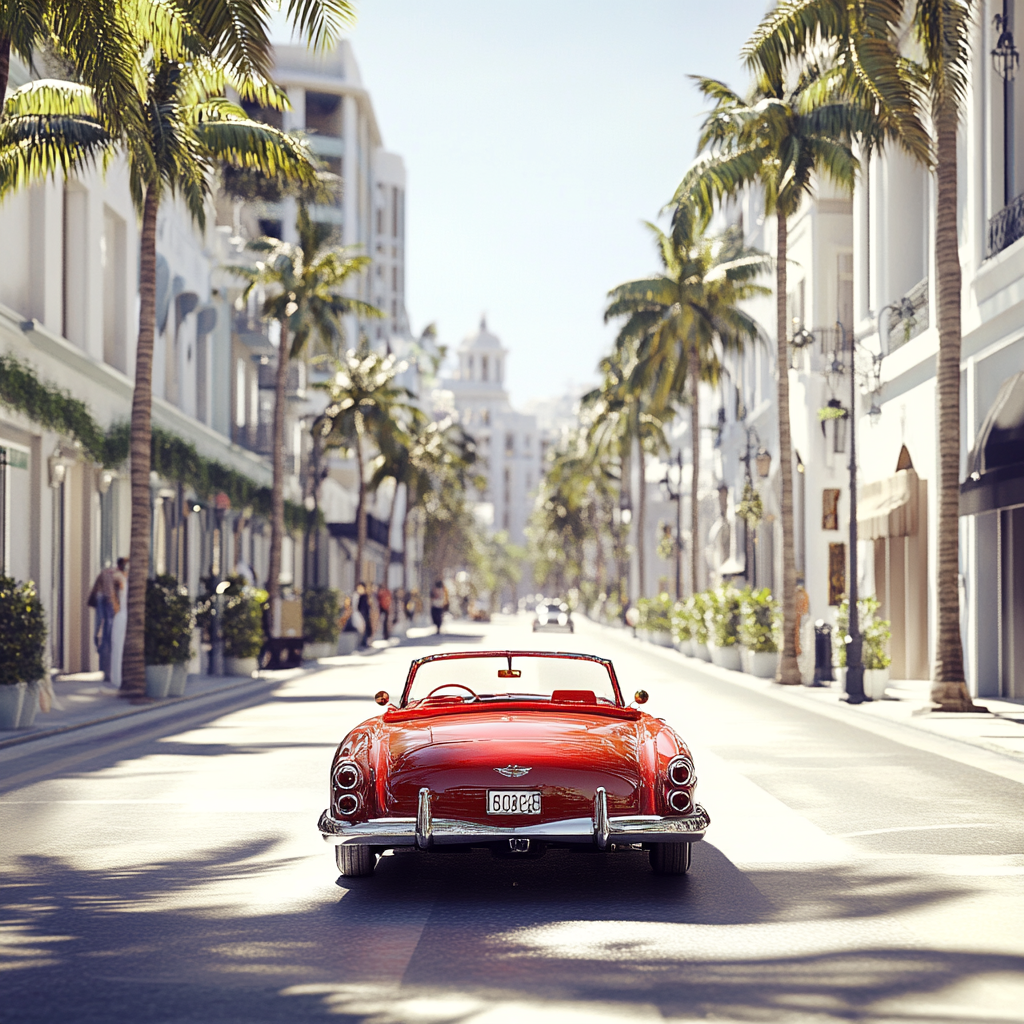 Vintage red car on Rodeo Drive - A Scene of Classic Luxury