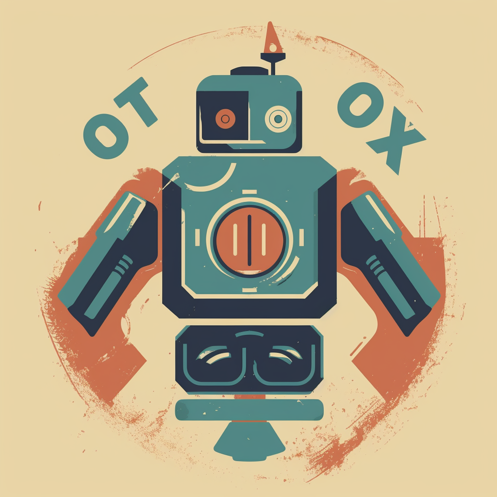 Vintage robot logo with modern '0x' symbol