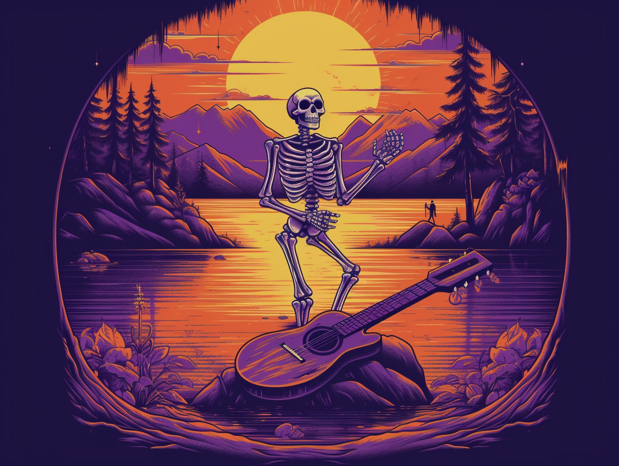 Vintage rock tee: skeleton on paddleboard at sunset.