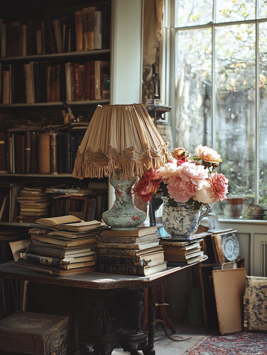 Vintage room with antique items and warm tones.