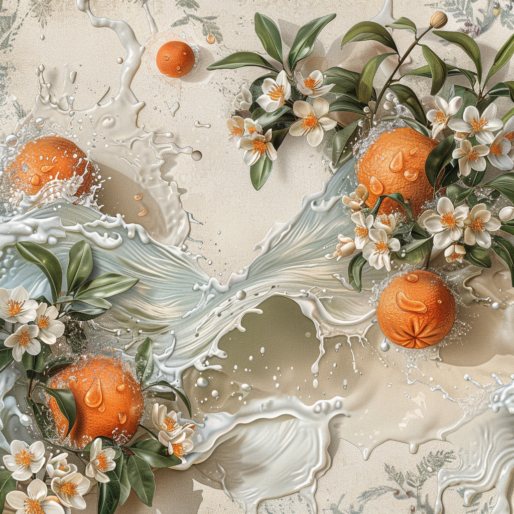 Vintage royal desktop with Mandarin fruit and flowers