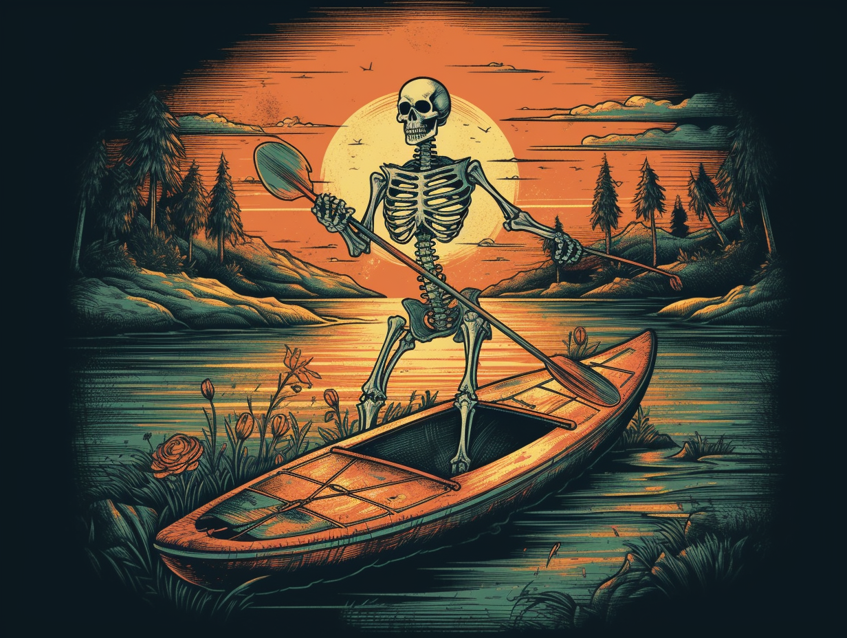 Vintage skeleton paddleboarding at sunset with rock 'n' roll vibe.