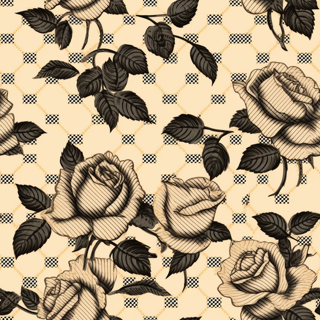 Vintage style black and beige rose pattern illustration.