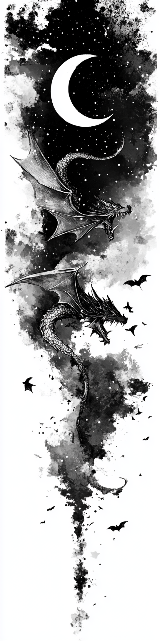 Vintage style illustration of dragons flying in sky.