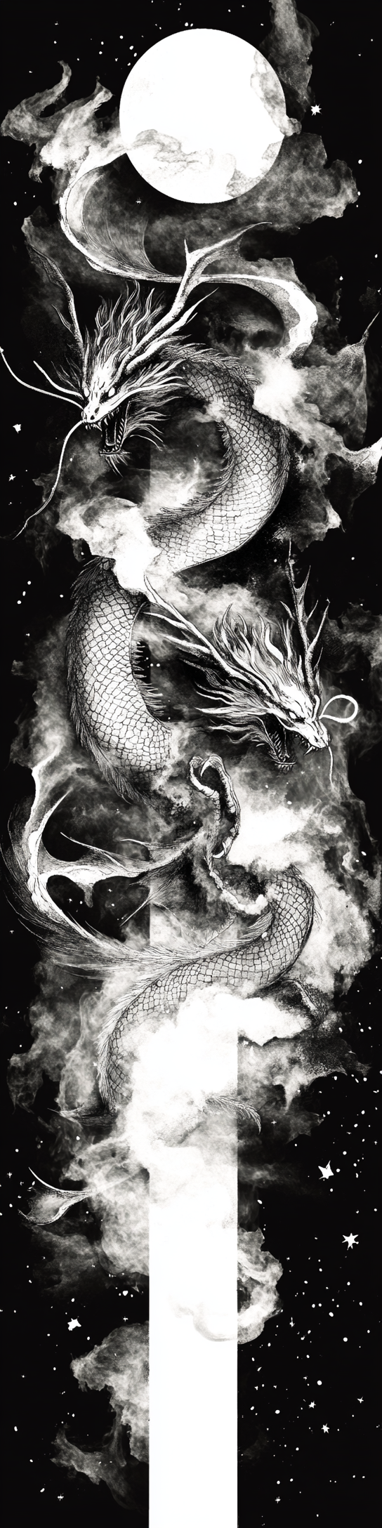 Vintage style illustration with dragons flying through smoke.