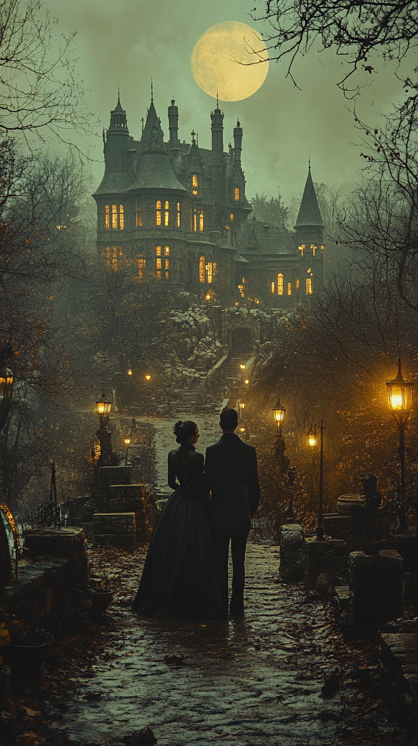 Vintage style movie scene of couple in front of castle.