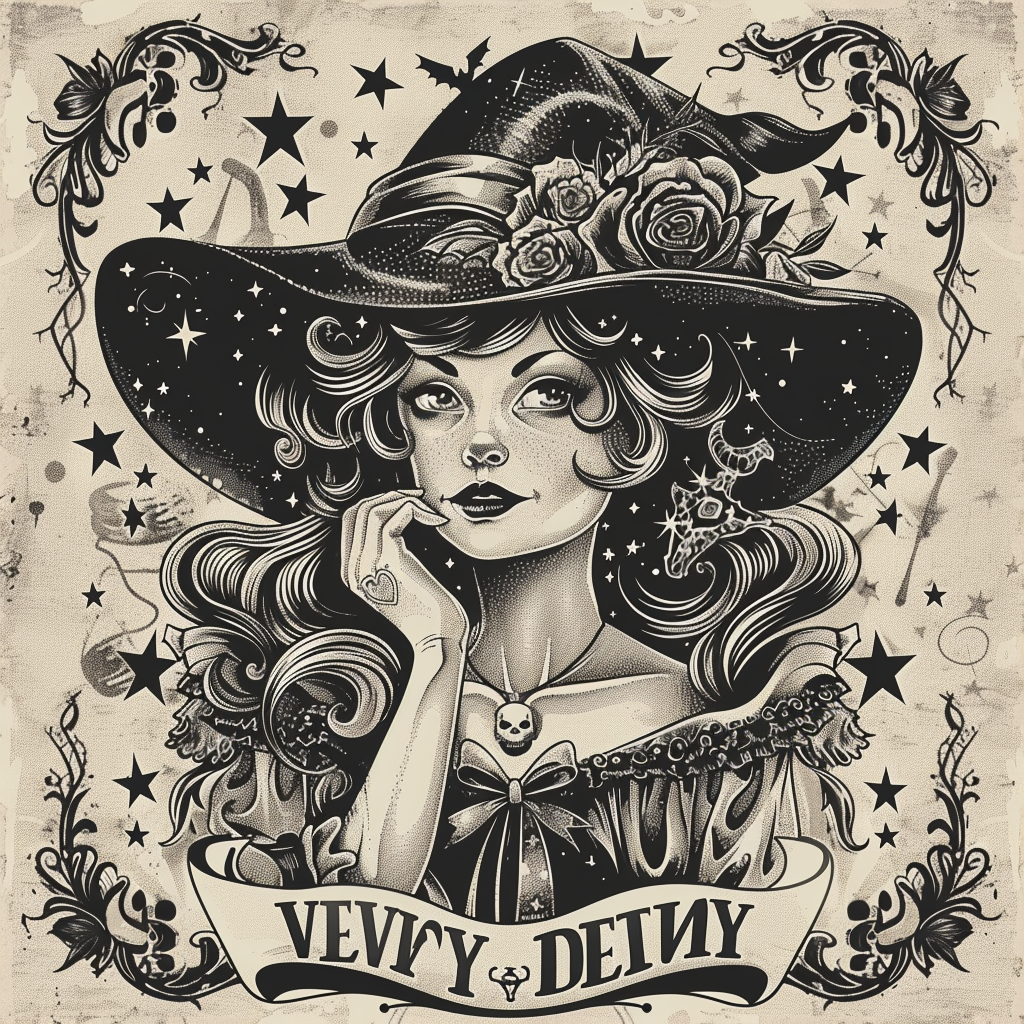 Vintage tattoo-style witch graphic with contemplative pose.