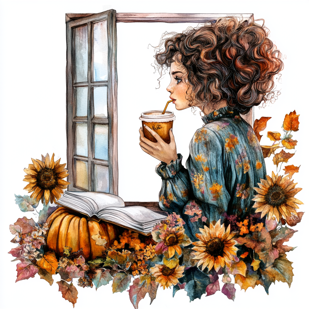 Vintage woman with curly hair drinking coffee and reading.