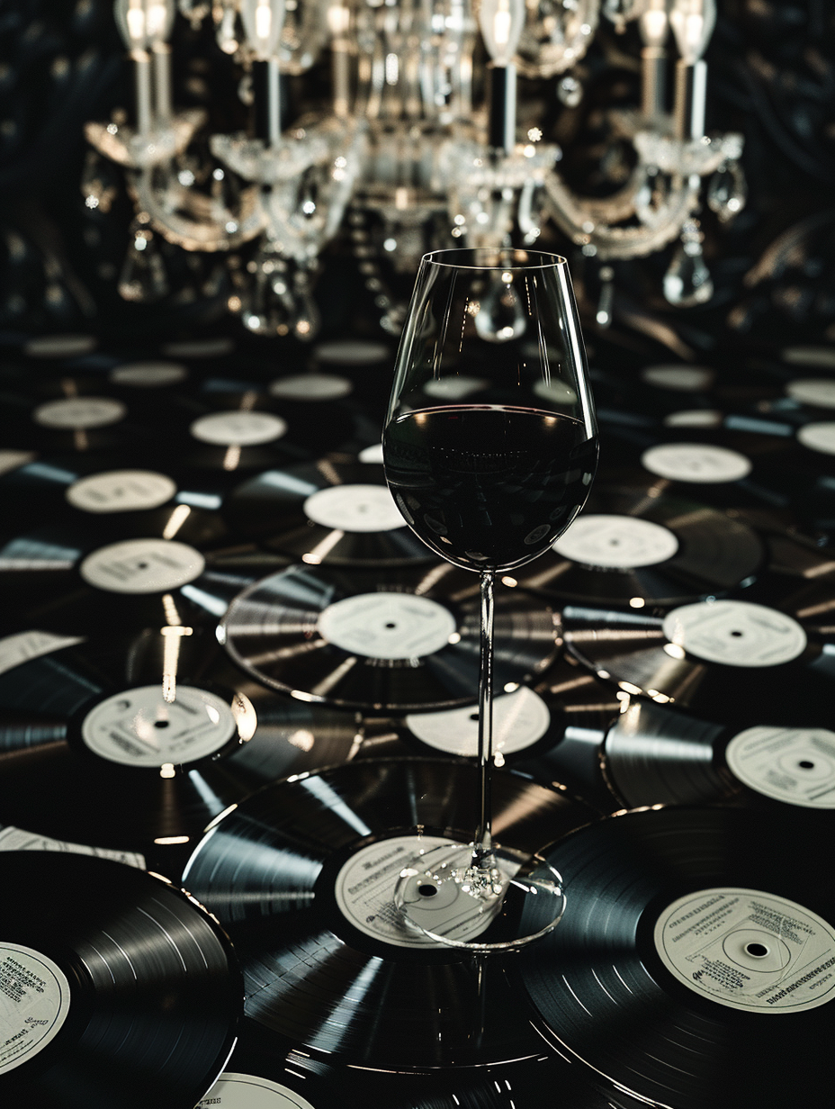 Vinyl Records and Wine Glass in 80s Style