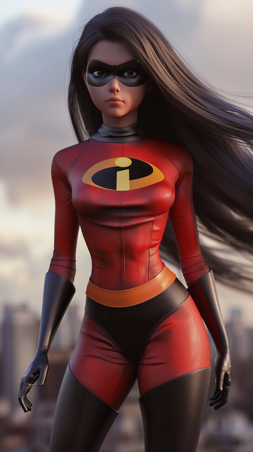 Violet from The Incredibles in superhero suit turning invisible.