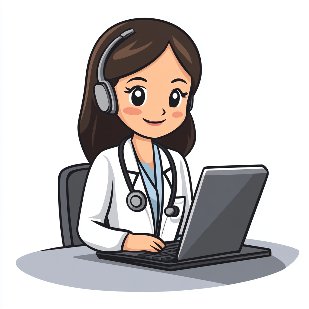 Virtual remote case manager cartoon assisting patients by phone.