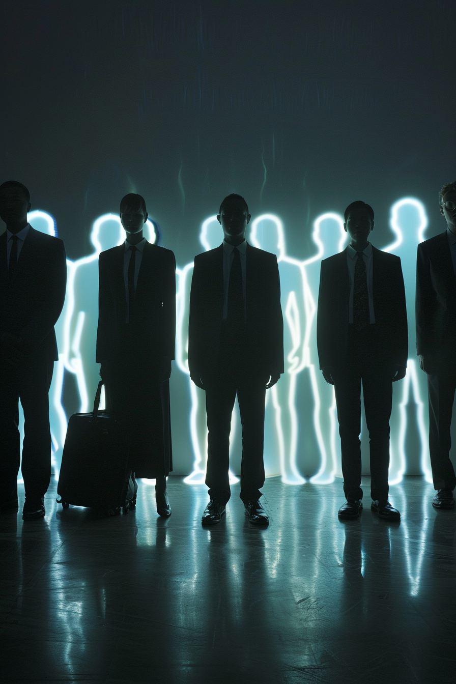 Visible silhouettes represent missing employees in corporate group photo.