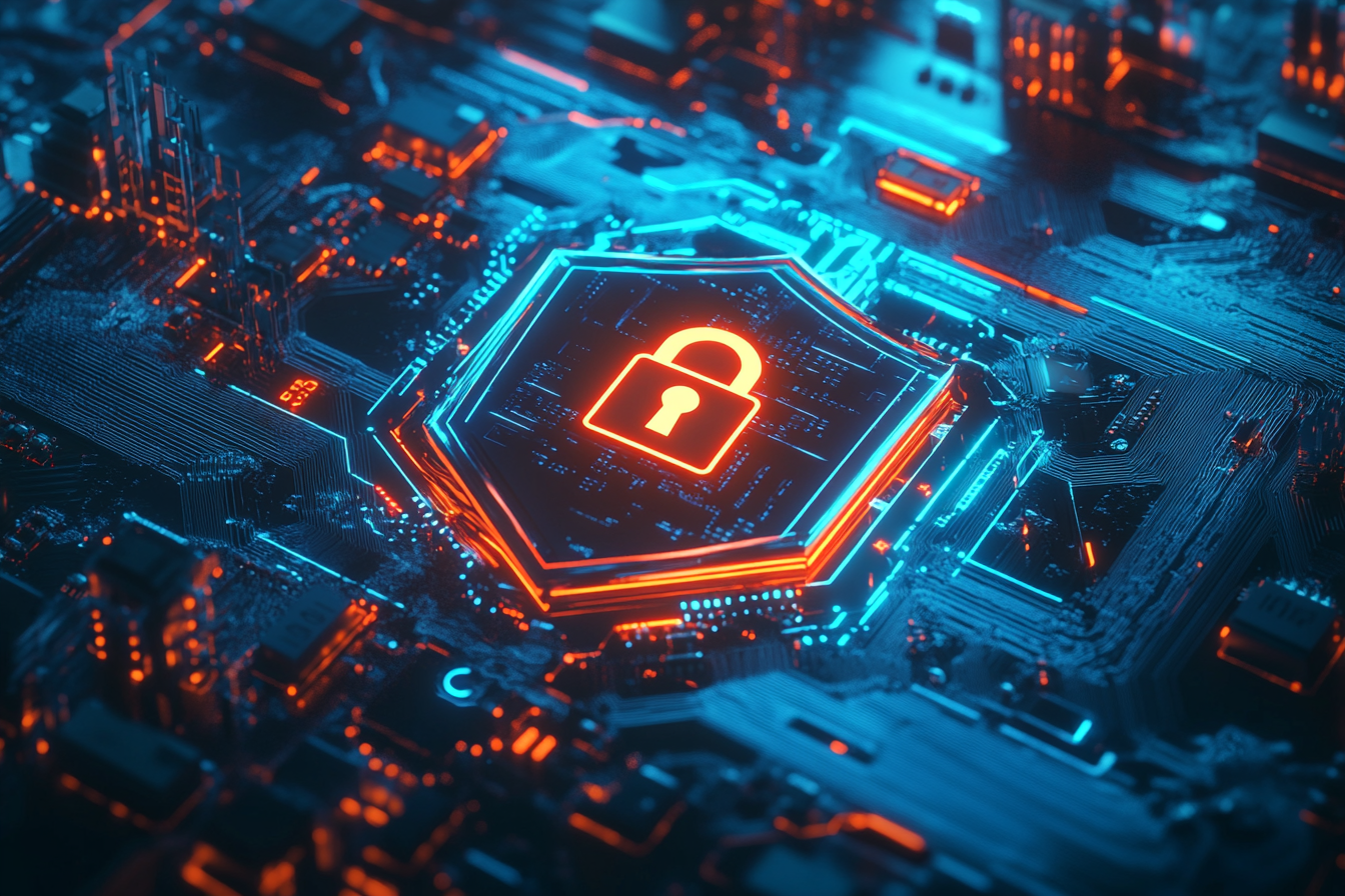 Visualization of cybersecurity concept with futuristic glowing shield.