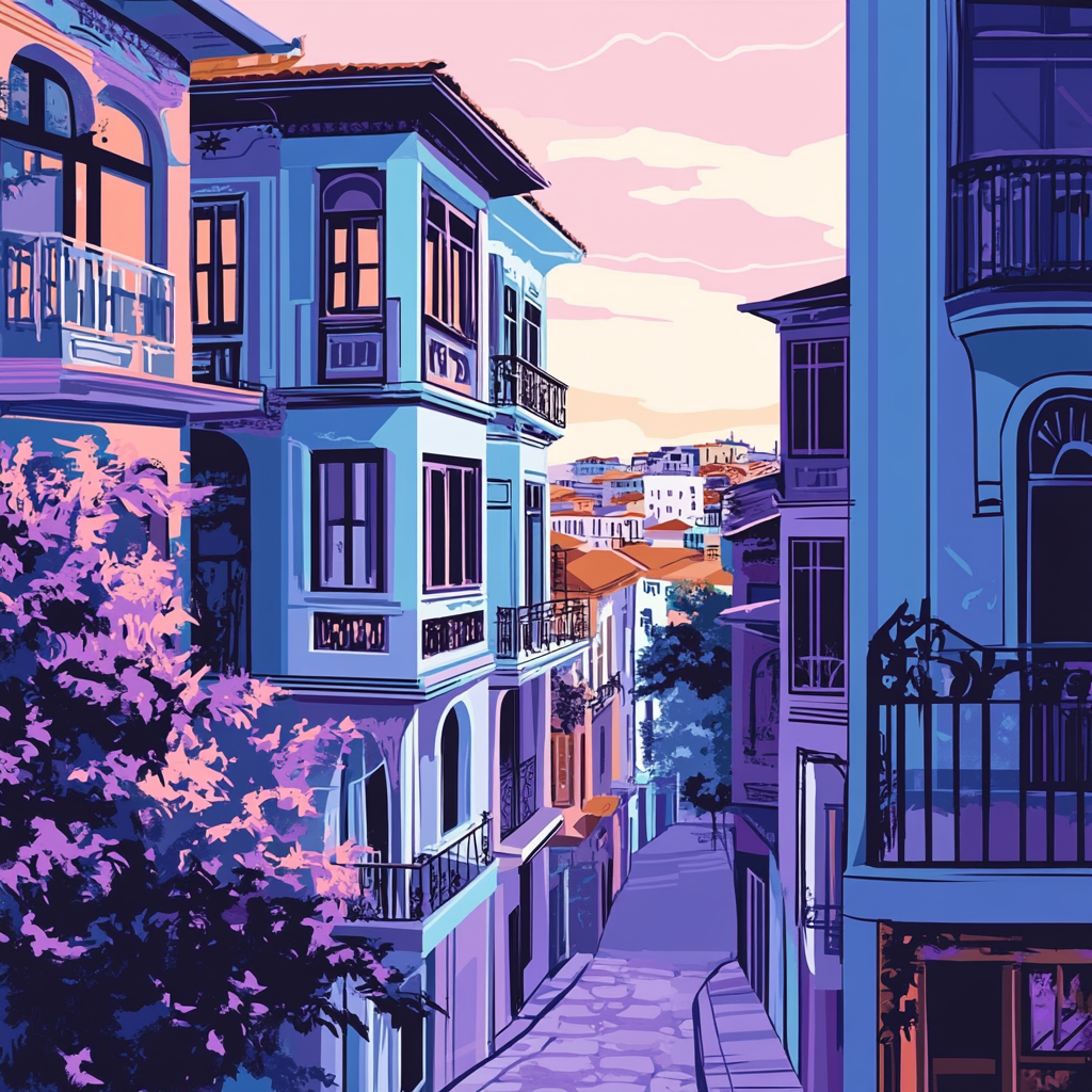 Vivid, high-resolution artwork of Karakoy streets, Turkish elements.