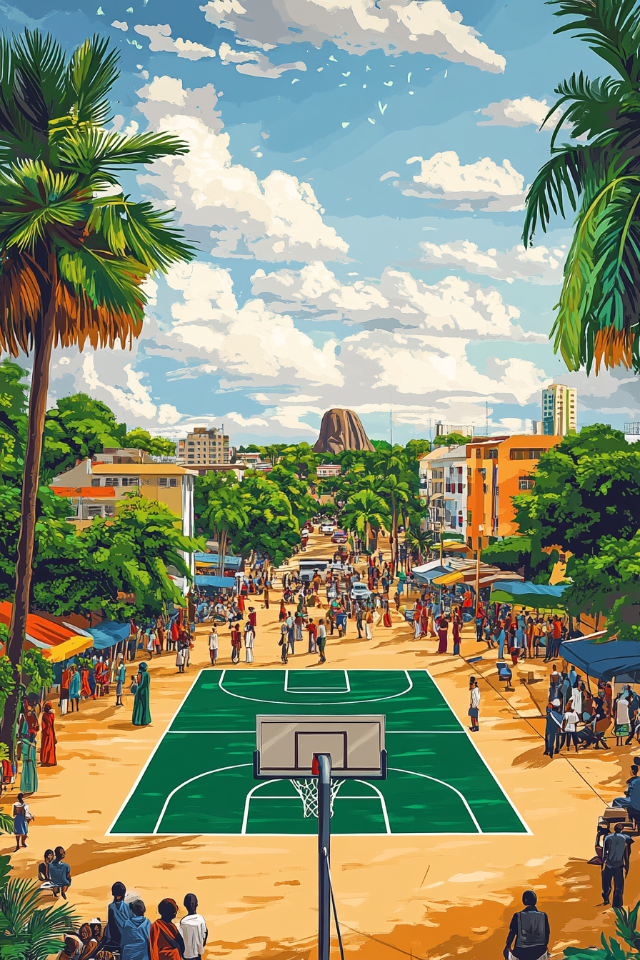 Vivid basketball court in Abuja with diverse city life.