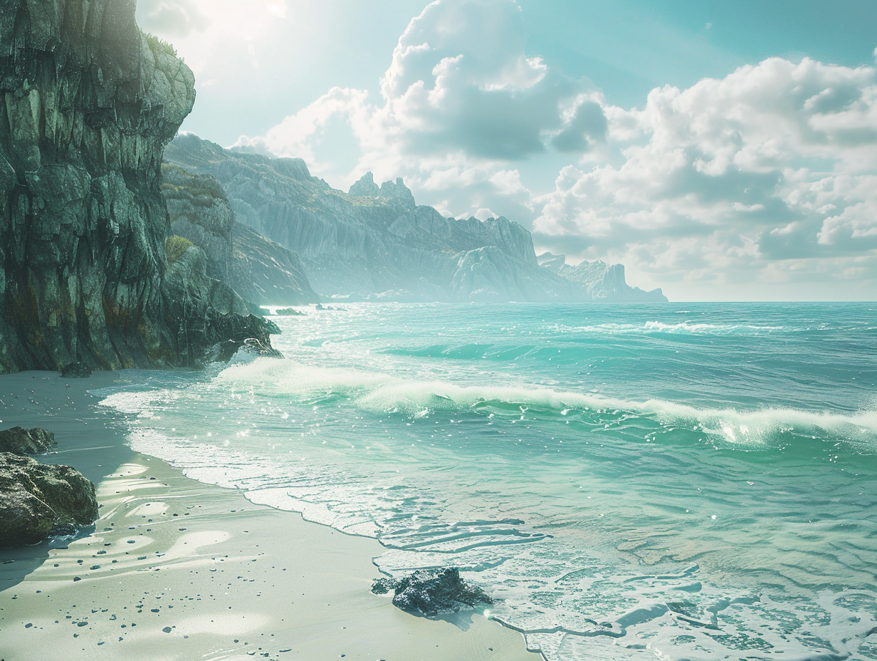 Vivid beach landscape with cinematic lighting, intricate details