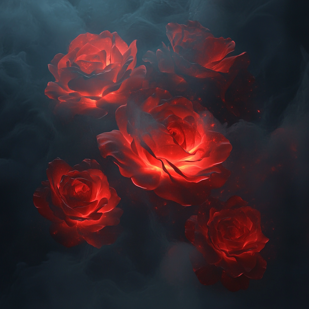 Vivid red roses floating in dark, ethereal space background.