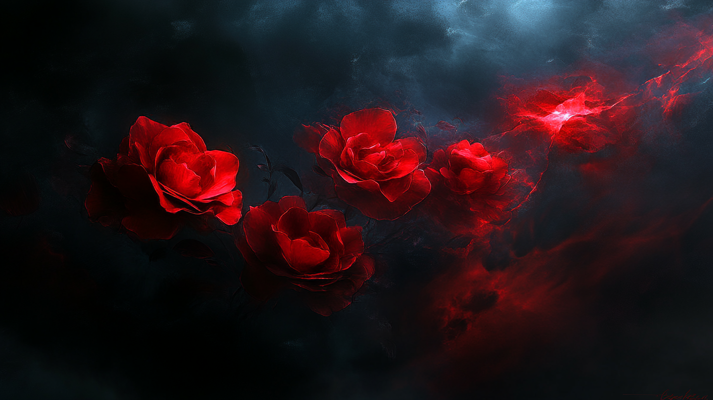 Vivid red roses glowing in dark ethereal space.