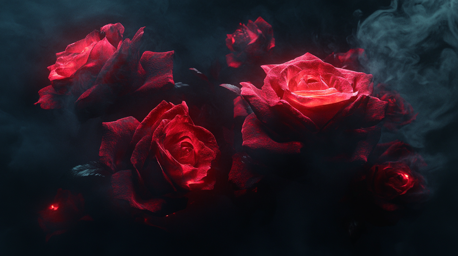 Vivid red roses in glowing light against black background.