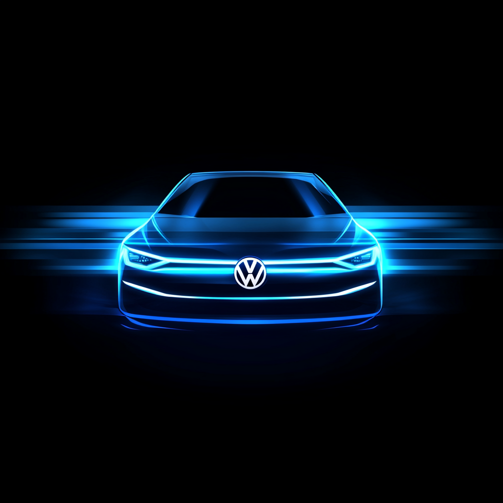 Volkswagen logo illuminated by blue pulsating energy on dark background.