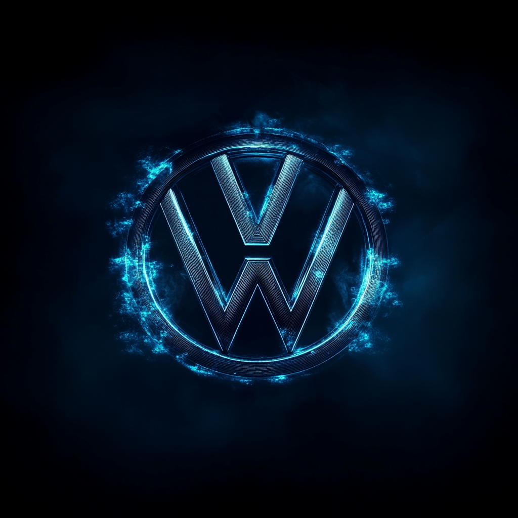 Volkswagen logo illuminated by blue pulsating energy.