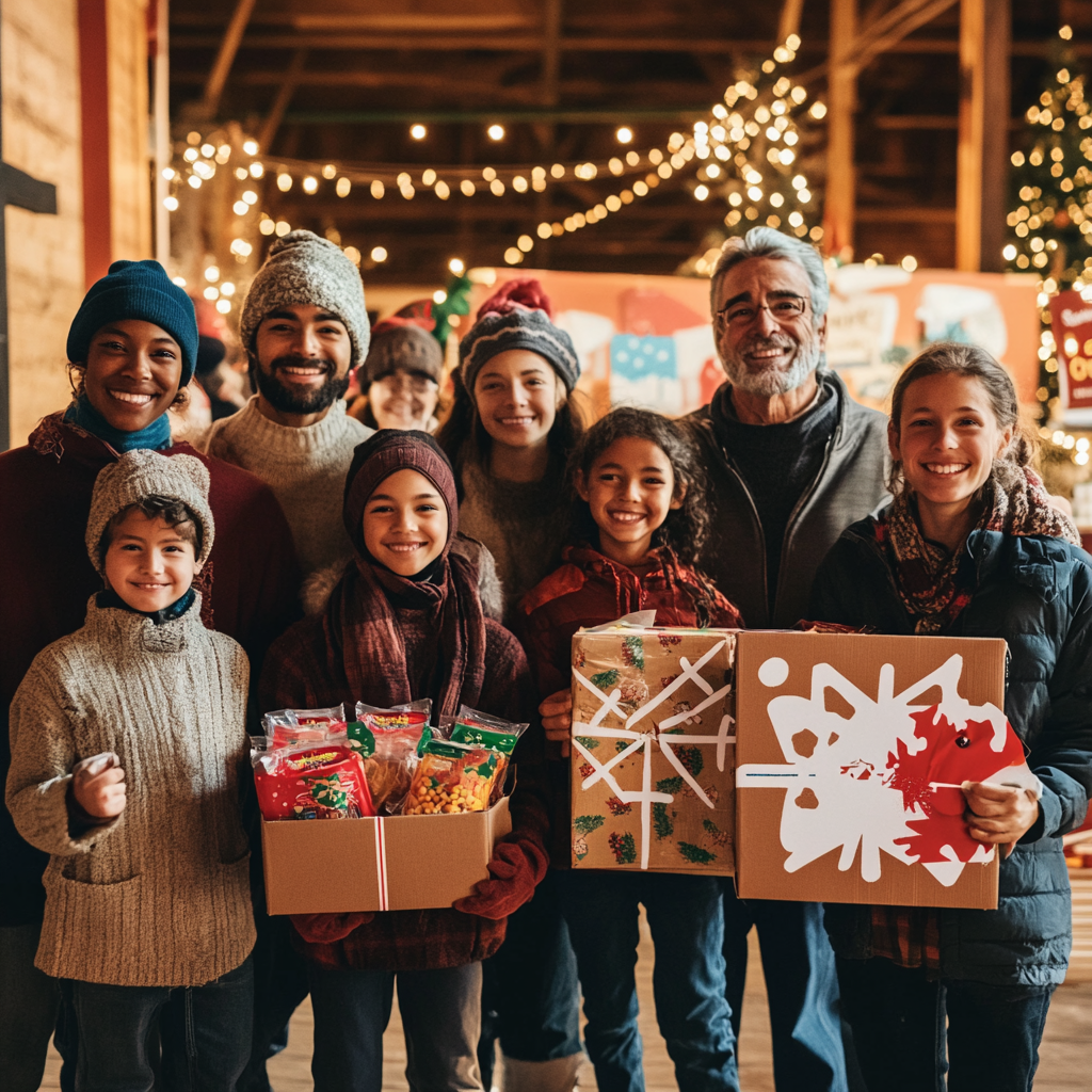 Volunteers of all ages encouraging holiday food donations.