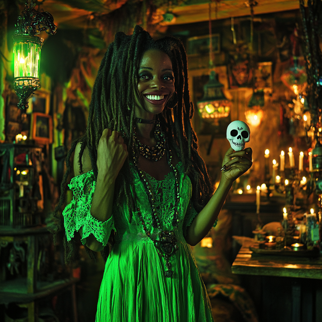 Voodoo witch with sugar skull in green dress glowing.